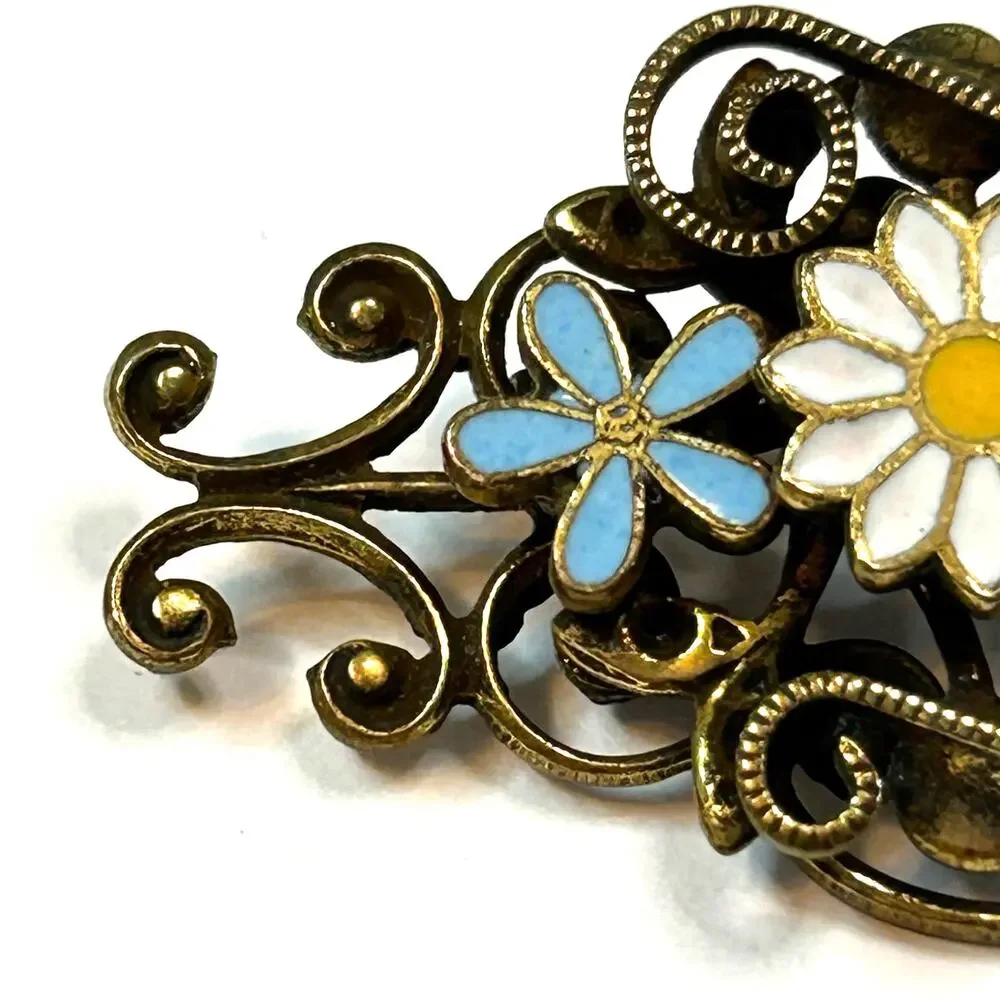Vintage Stacked Filigree Enamel Daisy Flowers Brooch Pin‎